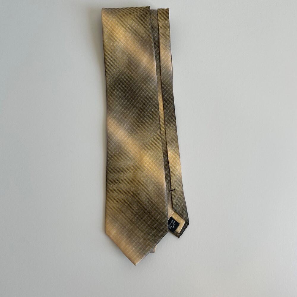 Pronto Uomo Mens Silk Tie Gold Gray Ombre Gradient Micro Check Striped 58x3.75